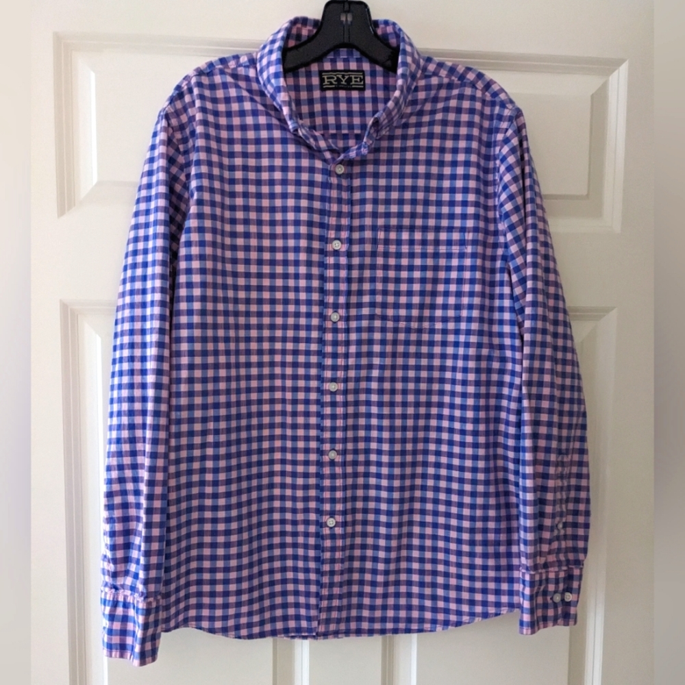 RYE Slim button down shirt purple blue pink gingham L chest pocket 100% …